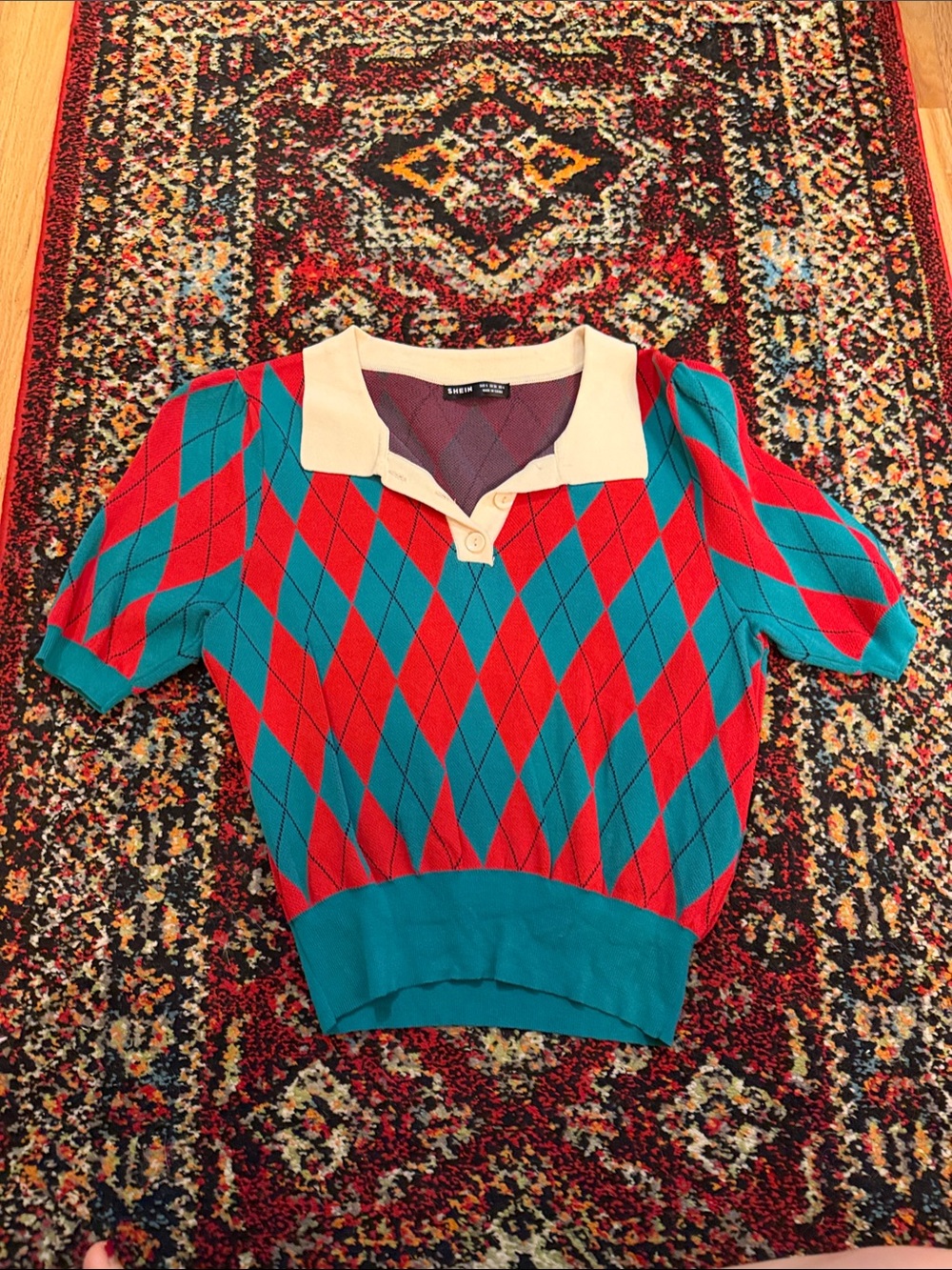 Argyle Short-Sleeve Polo Top in Red & Teal 70s Costume Halloween